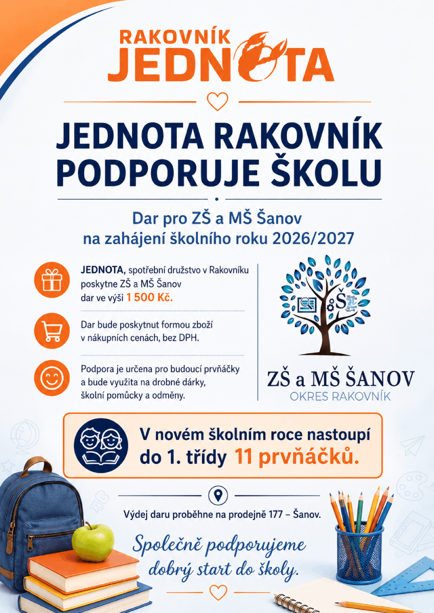 Jednota Rakovník podpoří budoucí prvňáčky v Šanově